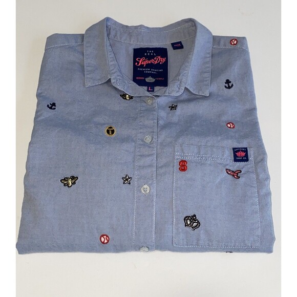 Superdry Tops - Superdry Womens‎ Long Sleeve Shirt L Madison Blue Embroidered Denim Button